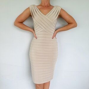 Andre Oliver gold satin sleeveless v-neck bodycon knee-length cocktail dress 4